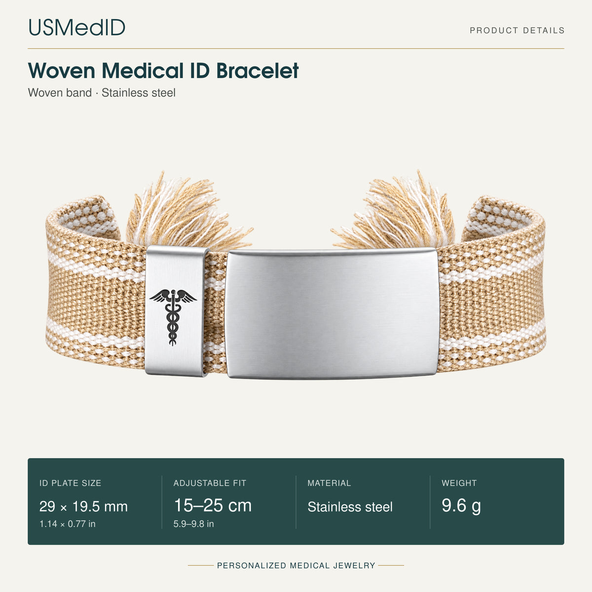 USMedID woven medical ID bracelet product details: 29 by 19.5 mm stainless steel plate, 15 to 25 cm adjustable fit, 9.6 g.
