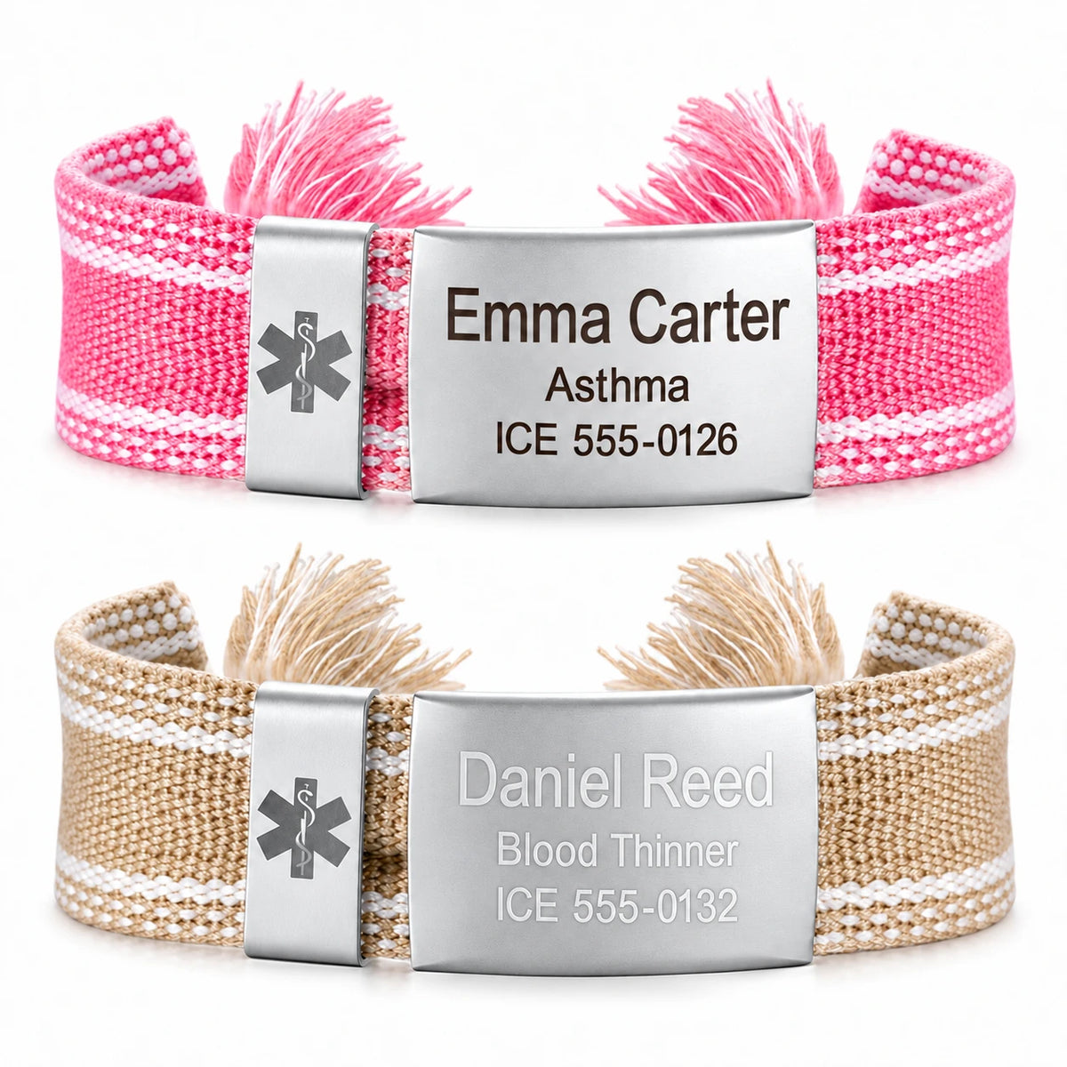 Adjustable Woven Fabric Medical ID Bracelet – Personalized Engraved Stainless Steel Medical Alert Band with sample engraving